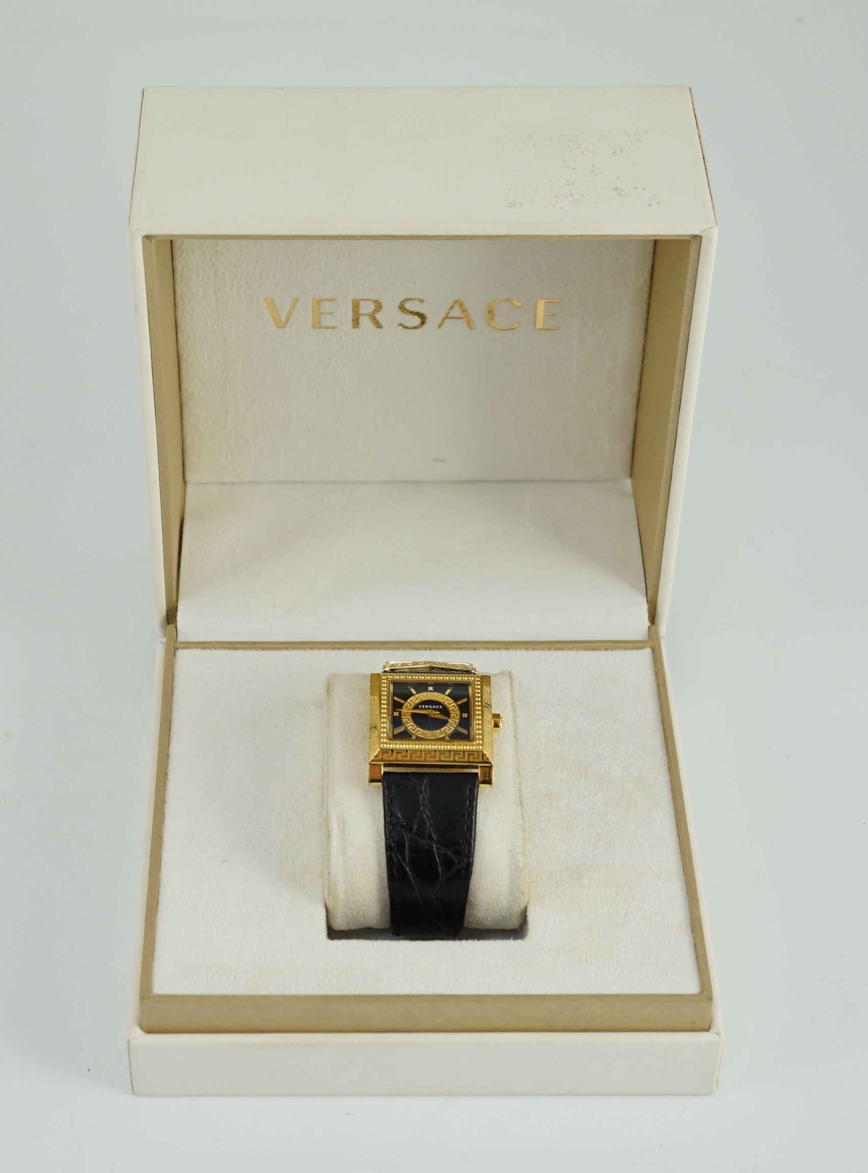 A Versace black yellow gold plated stainless steel and diamond VD25 wristwatch, case diameter 30mm, bracelet size 18cm